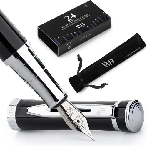 Miniatura 24 de Set de pluma estilográfica Wordsworth & Black, punta mediana dorada de 18 quilates, incluye 24 cartuchos de tinta, un convertidor de repuesto y Todo
