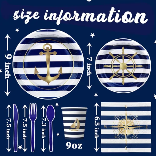 Miniatura 2 de Suministros náuticos para fiesta de cumpleaños para 20 invitados, platos marineros azul marino y dorado, servilletas, tazas y cubiertos, brújula
