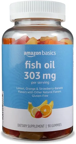 Amazon Basics Aceite de pescado 303 mg, sabores de limón, naranja y fresa-plátano, 90 gomitas (2 por porción), ácidos grasos omega-3 EPA y DHA