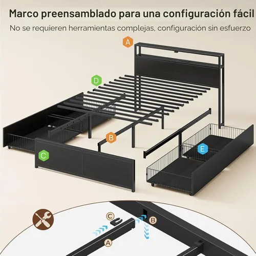 Miniatura 3 de Rolanstar Base de cama de tamaño completo con 4 cajones de almacenamiento, estación de carga y luces LED, plataforma de metal con cabecera