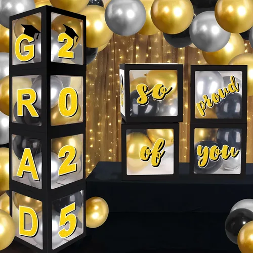 Miniatura 8 de Decoraciones azules para fiestas de graduación 2026, cajas de globos de graduados – 4 cajas de globos negros con 4 cuerdas de luz y letras 2026 Grad