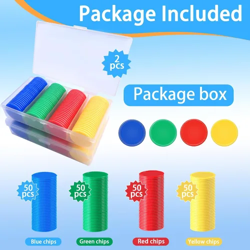 Miniatura 2 de 200 contadores matemáticos, fichas de bingo de 1 pulgada, 4 colores con caja de almacenamiento, fichas de póquer de plástico, para educación