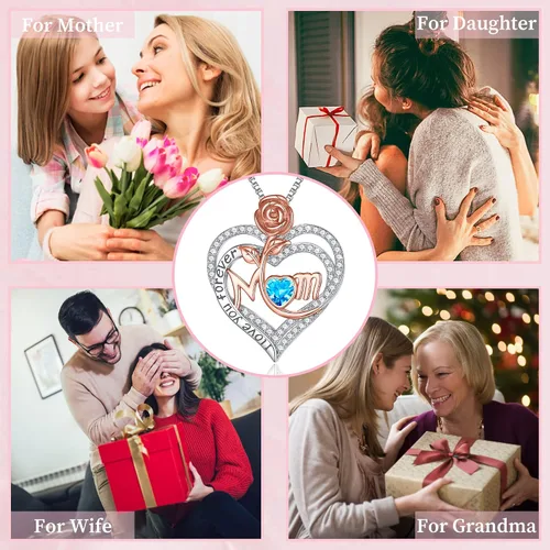 Miniatura 2 de MOOSEA Collar de mamá para mujer, collar de piedra lateral de diamante de moissanita, collar de piedra natal de corazón rosa de oro blanco de 18