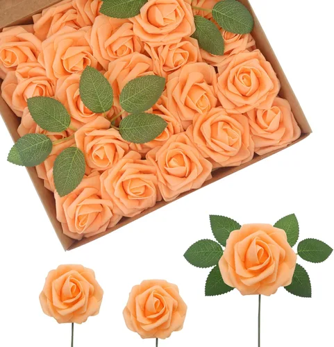 Flores artificiales naranjas realistas, 50 rosas falsas de aspecto real con tallo para ramos de boda, centros de mesa, despedidas de soltera,