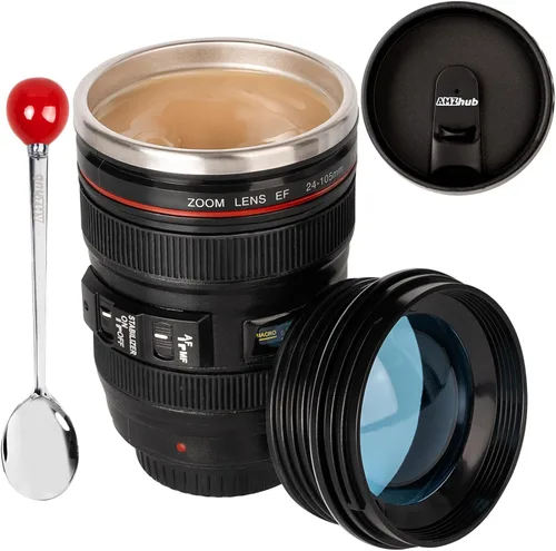 Miniatura 8 de Taza de café con lente de cámara, taza de café de viaje, taza de lente de acero inoxidable, termo con tapa y cuchara, regalos geniales para A azul