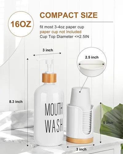 Miniatura 5 de Dispensador de enjuague bucal con bomba, recipiente de enjuague bucal de vidrio para encimera de baño, decantador de botella de lavado bucal, negro