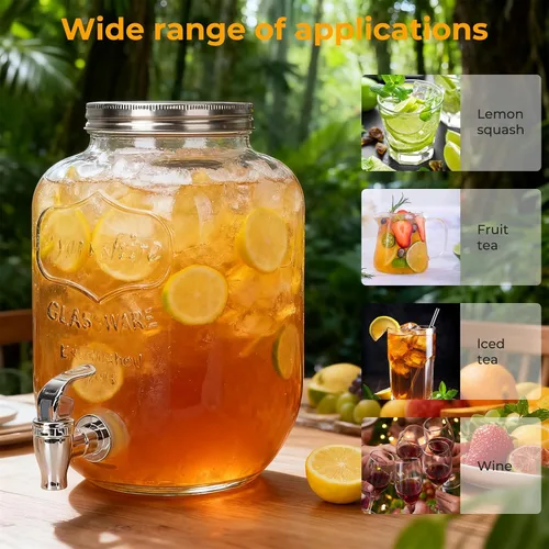 Miniatura 3 de Dispensador de vidrio de bebida de 1 galón para fiestas, paquete de 2, dispensador de bebidas de vidrio con grifo y cubierta de hierro y soporte