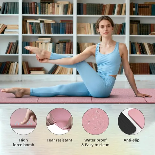 Miniatura 2 de Tapete de yoga plegable de 0.39 pulgadas de grosor, extra grande, material TPE, antideslizante, fácil de llevar, adecuado para entrenamiento en Rosa