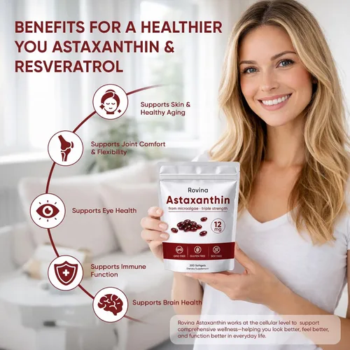 Miniatura 5 de Rovina Astaxantina Cápsulas blandas de 12 mg – Astaxantina premium de microalgas, triple fuerza, apoyo inmunológico, sin OMG y sin gluten, 200
