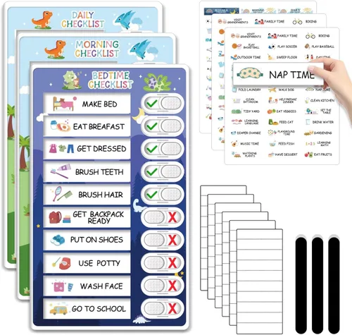 Miniatura 13 de Tabla de rutina de 3 en 1 para dormir/mañana/semana para niños, tabla de tareas magnética para niños pequeños, horario visual para niños, tabla