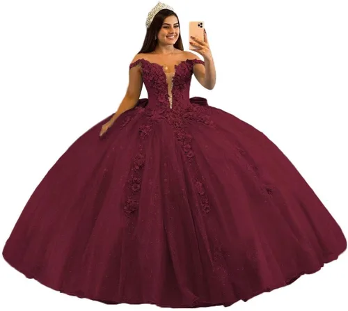 Mauuwy Vestidos de quinceañera de tul de lujo, vestido de baile hinchado brillante dulce 16 vestidos florales fuera del hombro vestido de graduación