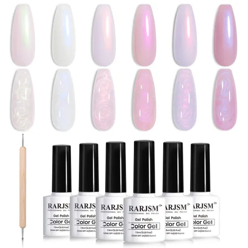 Miniatura 10 de RARJSM - Juego de esmaltes de uñas de gel perla, 6 colores: concha nacarada, purpurina, blanco, oro, rosa, verde, púrpura, con brillo de sirena