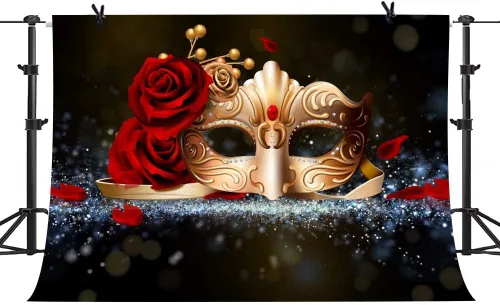 Miniatura 3 de Telón de fondo para fiesta de máscaras, máscara dorada, rosa roja, telón de fondo para fiesta, Mardi Gras, eventos, baile, fondo fotográfico