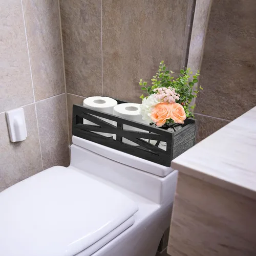Miniatura 2 de Caja de decoración de baño de madera, soporte rústico para tanque de inodoro, organizador de papel higiénico de granja, caja de almacenamiento Negro