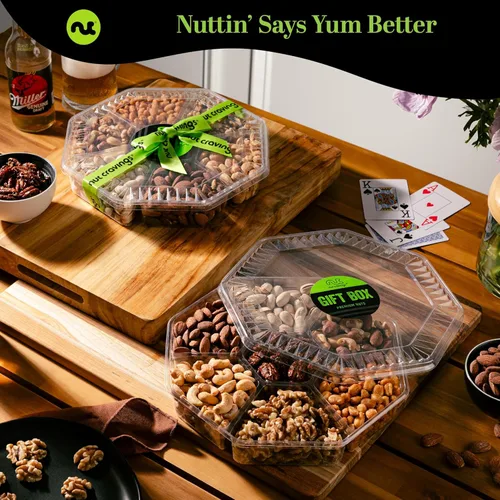 Miniatura 6 de NUT CRAVINGS - Cesta de regalo de frutos secos mixtos en caja de oro verde (7 surtidos, 2 libras) golosinas para adultos, arreglo de alimentos