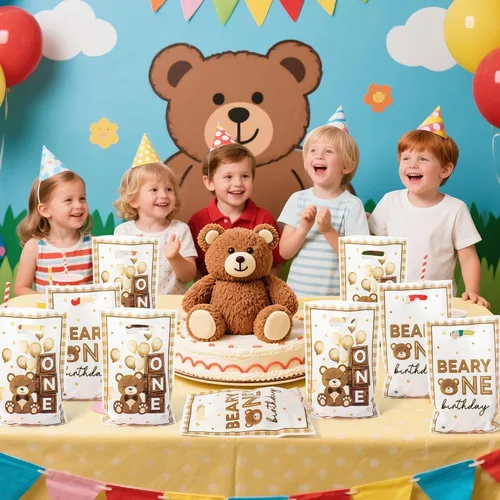 Miniatura 7 de Bolsa de Regalo para Primera Fiesta de Cumpleaños Oso 50Pcs Bolsas de Dulces y Regalos con Oso Marrón Dulces y Golosinas para Fiesta Temática Oso