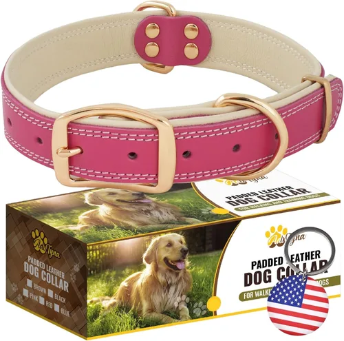 Miniatura 15 de ADITYNA Collar de perro de cuero rosa resistente para perros grandes, forrado con cuero suave, collar de perro para caminar, entrenar y senderismo