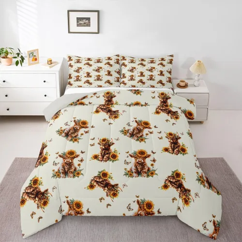 Miniatura 11 de Juego de ropa de cama de vaca de las tierras altas, edredón de ganado de las tierras altas, juego de edredón rosa floral de vaca occidental, juego
