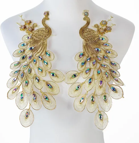 Silvora Par de apliques bordados de perlas de pavo real de tela de pavo real de colores, herramienta de costura hecha a mano para vestido de boda,