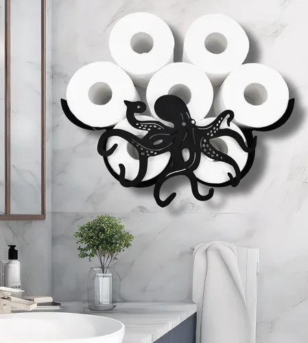 Teaeeno Octopus - Almacenamiento de papel higiénico de pared de metal, soporte de papel higiénico negro, divertido almacenamiento de papel higiénico