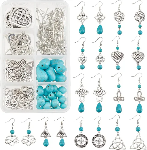Miniatura 10 de SUNNYCLUE 1 caja de 8 pares de aretes de nudo celta de plata antigua, aretes colgantes de perlas, kit de inicio de fabricación de joyas