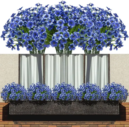 Flores artificiales 15 racimos para exteriores, resistentes a los rayos UV, tela de plástico, plantas verdes para colgar macetas, cocina, hogar, Azul