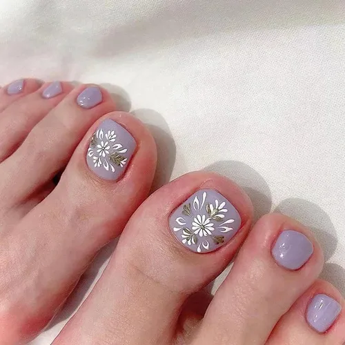 Miniatura 36 de Uñas postizas acrílicas artificiales negras para los dedos de los pies, ataúd a presión con diseños de flores blancas, uñas postizas reutilizables