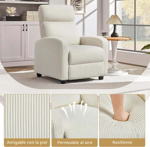 Miniatura 6 de Yaheetech Silla reclinable de pana para sofá individual, asiento de cine en casa, silla reclinable moderna ajustable para sala de estar, dormitorio