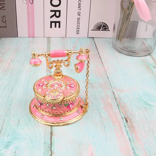 Miniatura 25 de SEVENBEES Figuras de teléfono turquesa, caja esmaltada con bisagras con cristales rosados, joyeros decorativos, coleccionables, regalos para niñas