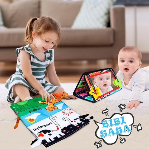 Miniatura 7 de Aboosam Juguetes de espejo para bebés de 0 a 6 a 12 meses, juguetes Montessori para desarrollo cerebral con libro de tela arrugada y mordedor