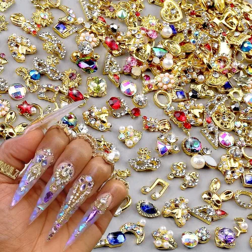 50 dijes de uñas dorados 3D para uñas acrílicas, estilos mixtos, diamantes de imitación para uñas, joyas de uñas de metal para arte de uñas,