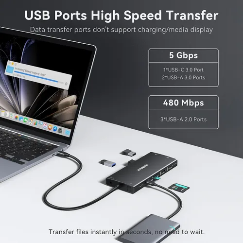 Miniatura 7 de Hub USB C Estación de acoplamiento USB C Monitor dual 4K@60Hz+DP 8K@30Hz para Dell HP, Estación de acoplamiento para portátil 3 monitores 15 en 1