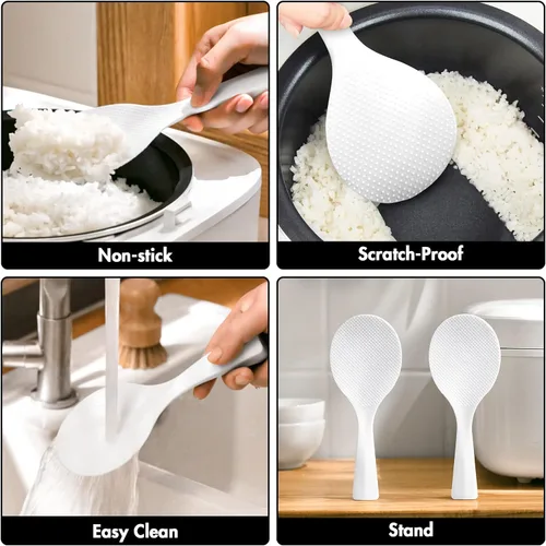 Miniatura 4 de FireKylin 2 piezas de pala de arroz de plástico, espátula de cuchara de arroz antiadherente, cuchara de olla de arroz resistente al calor (blanco)