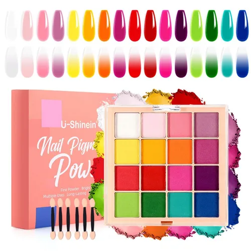 Miniatura 11 de Set de paleta de polvo de pigmento para uñas, 16 colores Ombre con 100 piezas de esponjas y pinzas, uñas francesas Aura Ombre, pincel de uñas
