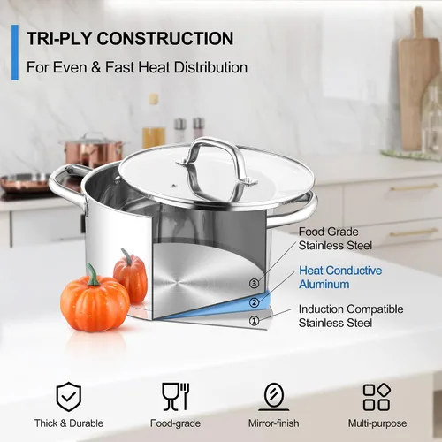 Miniatura 8 de Homikit Olla de acero inoxidable de 4 cuartos de galón, olla de inducción con tapa para sopa, salsa de pasta, cocinar a fuego lento, parte inferior