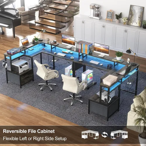 Miniatura 7 de Escritorio en forma de L con toma de corriente y tira LED, escritorio reversible en forma de L con cajón de archivos, escritorio de esquina
