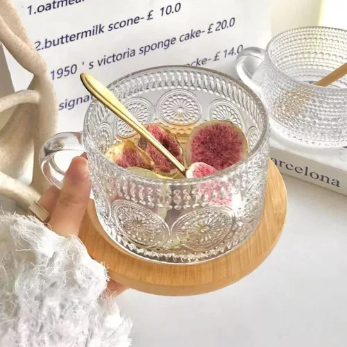 Miniatura 5 de Amzcku Tazas de té de café vintage, tazas de vidrio de 14 onzas, juego de 2 vasos en relieve con asa, para capuchino, café con leche, cereales
