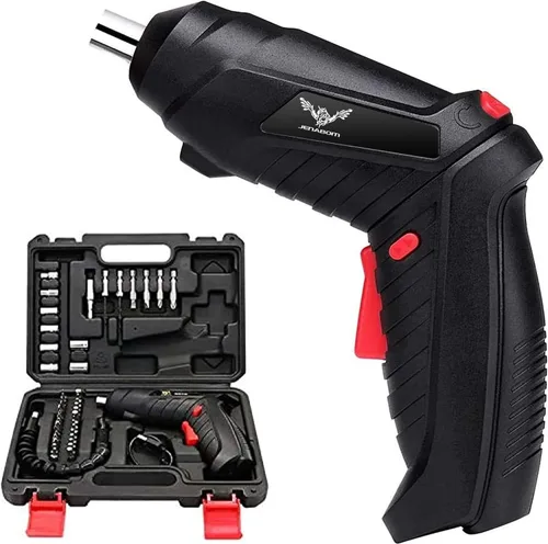 JENABOM Destornillador eléctrico, 3.6 V inalámbrico, juego de 44 puntas de destornillador, luz LED delantera, eje flexible, micro USB, funda de