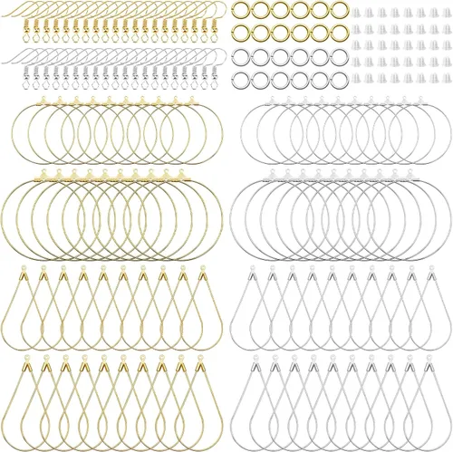 Kit de 380 piezas de aretes hipoalergénicos, suministros de joyería con aro redondo de cuentas de lágrima, ganchos para aretes, anillos de salto,