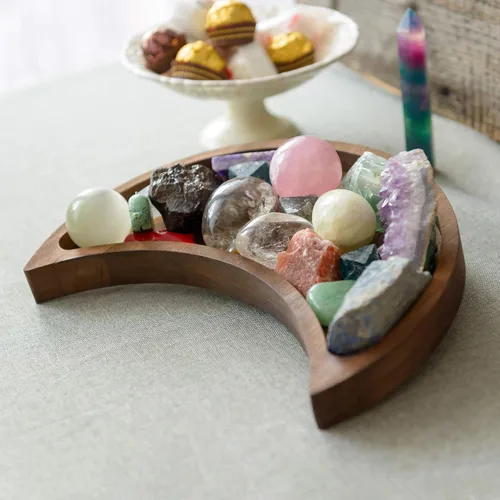 Miniatura 7 de Bandeja de luna creciente – Muestra tus gemas, piedras curativas y tesoros – Bandeja de exhibición de cristal de madera de 10 x 5 pulgadas, soporte