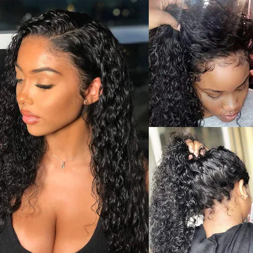 Pizazz Pelucas de cabello humano con encaje frontal de 13x4 para mujeres negras, sin pegamento, densidad 180, HD transparente onda profunda peluca