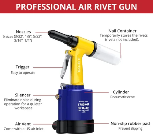Miniatura 7 de JUSTOOL Pistola de remache neumática de alta resistencia 3916 LBF Air Rivet Gun-3/32", 1/8", 5/32", 3/16", 1/4" Remachadora de aire con NPT 1/4
