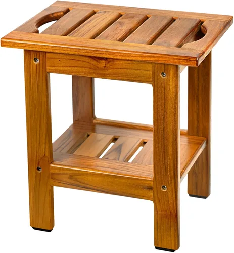 Miniatura 7 de VaeFae Banco de ducha de teca, taburete de ducha de baño de spa con estante de almacenamiento, taburete de asiento de madera para baño