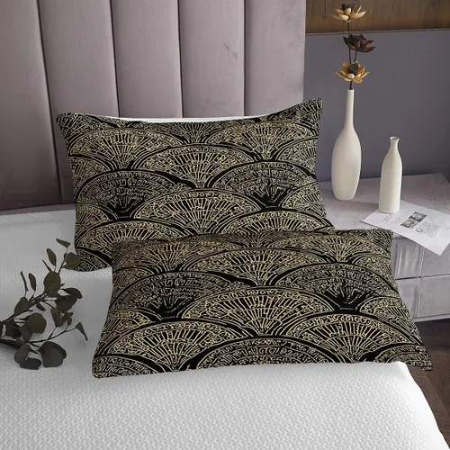 Miniatura 4 de Erosebridal Juego de colcha geométrica ondulada tamaño King, juego de colcha étnica dorada y negra en forma de abanico con plumas ornamentadas