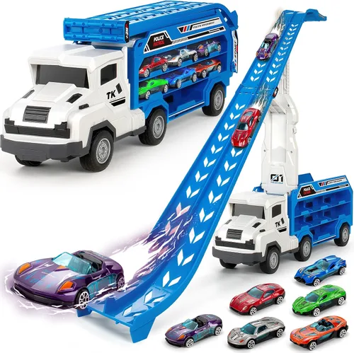 BainGesk Juguetes de Camión de Coches para Niños y Niñas de 3, 4, 5, 6 Años, Pista de Carreras de 25 Pulgadas con Juguetes de Camión, Camión
