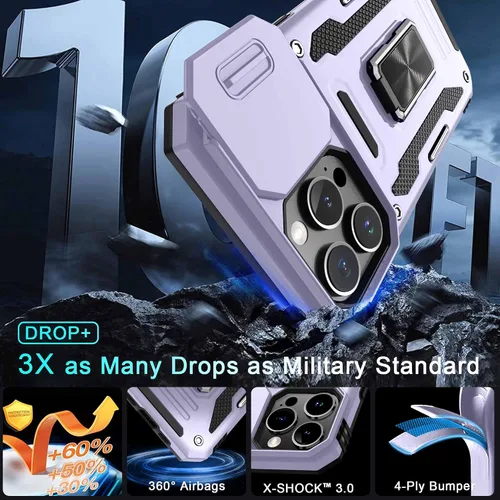 Miniatura 410 de DEERLAMN Funda para iPhone Xs Max con funda deslizante para cámara + protector de pantalla, soporte giratorio de anillo de grado militar a prueba