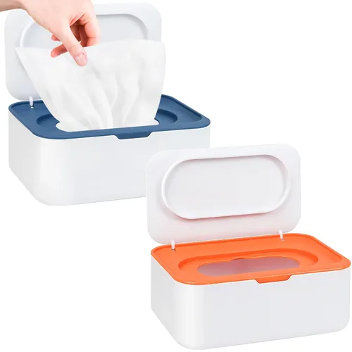 2 dispensadores de toallitas reutilizables, contenedor de toallitas recargable, fácil de abrir y cerrar con tapa, para baño, bebé, guardería, Azul +