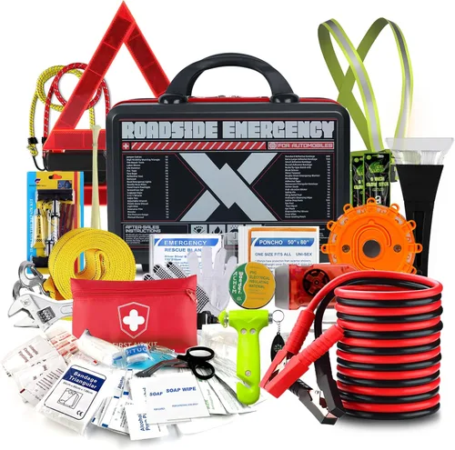 KITGO Kit de Emergencia para Automóvil en Carretera (137 Piezas), con Cable Puente, Kit de Rescate de Seguridad Vial para Automóvil, Kit de Negro