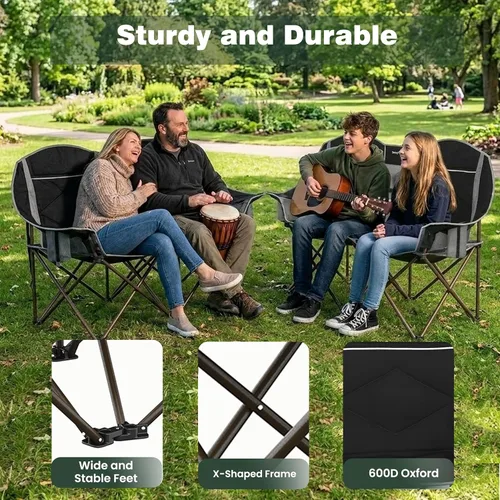 Miniatura 6 de SUNNYFEEL Silla de campamento doble portátil plegable para 2 adultos, sofá de campamento de gran tamaño resistente de 600 libras con portavasos