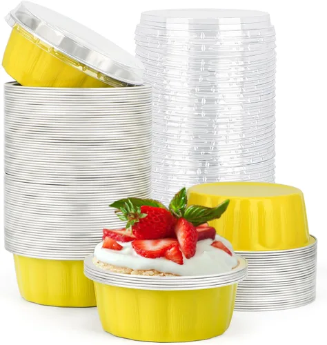 Miniatura 80 de Beasea Ramequines con tapas, 8oz 50 unidades de tazas de aluminio desechables para hornear, tazas de papel de aluminio plateado para creme brulee